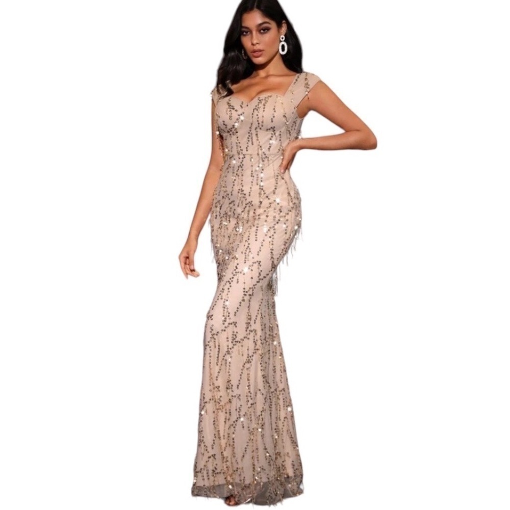 Womens Gold Beige Sequin Formal Evening Dress Holiday Party Prom Gown, L 8/10